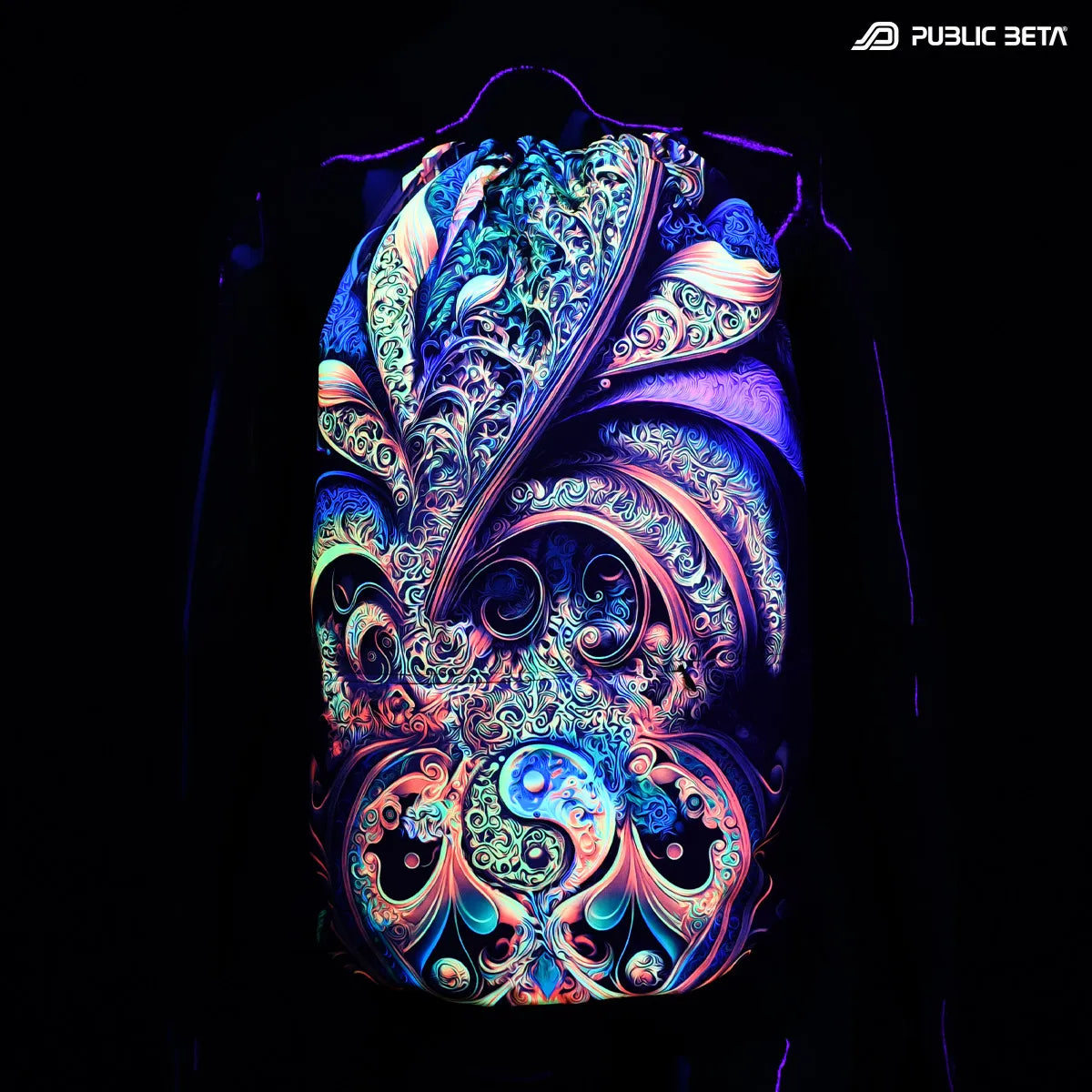 D188 Fractal Caos Drawstring bag with UV-reactive psychedelic art graphics glowing under blacklight