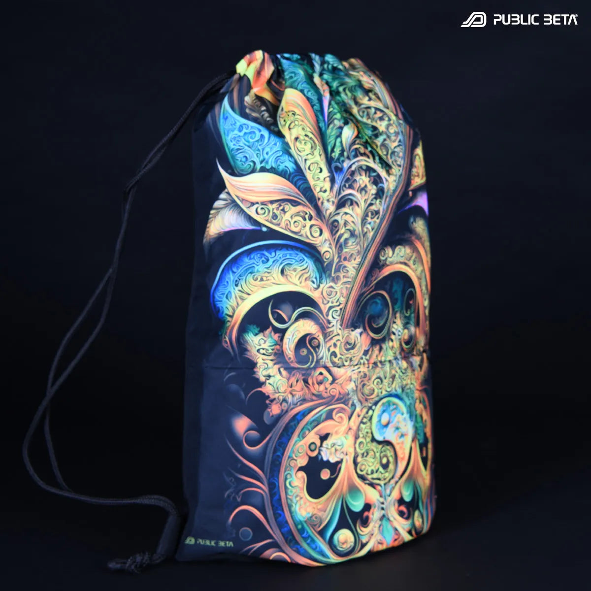 D188 Fractal Caos Drawstring bag with UV-reactive psychedelic art graphics