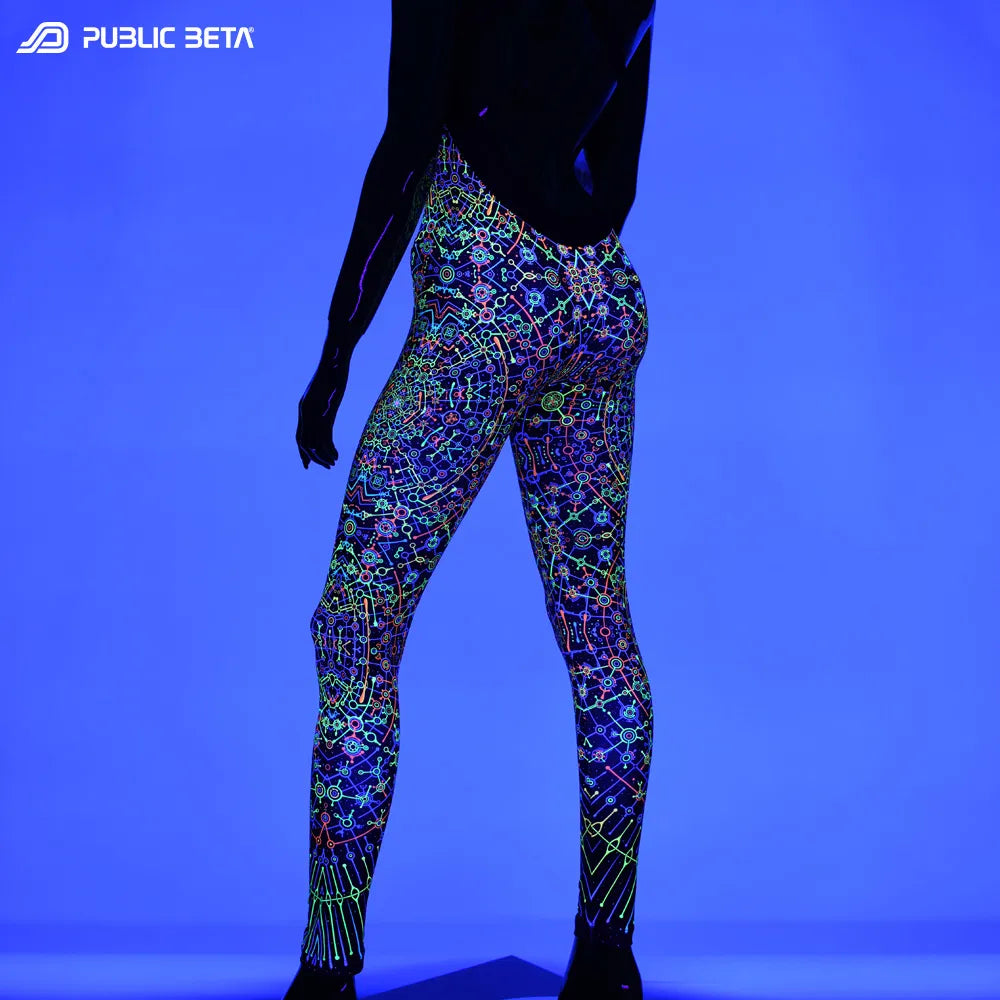 Jumpsuit with UV-reactive graphics glowing under blacklight close back  view