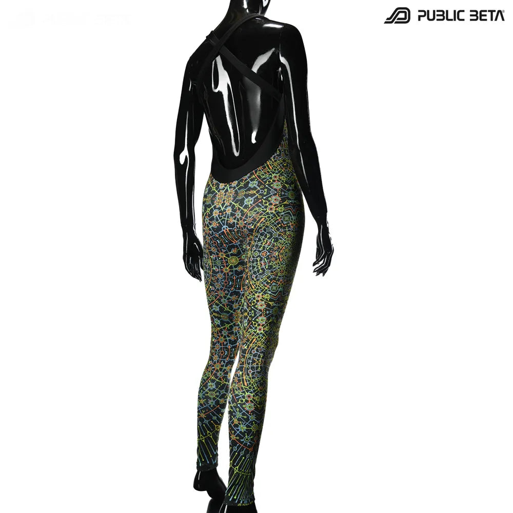 Jumpsuit with UV-reactive printed graphics, photographed in natural light back and side view