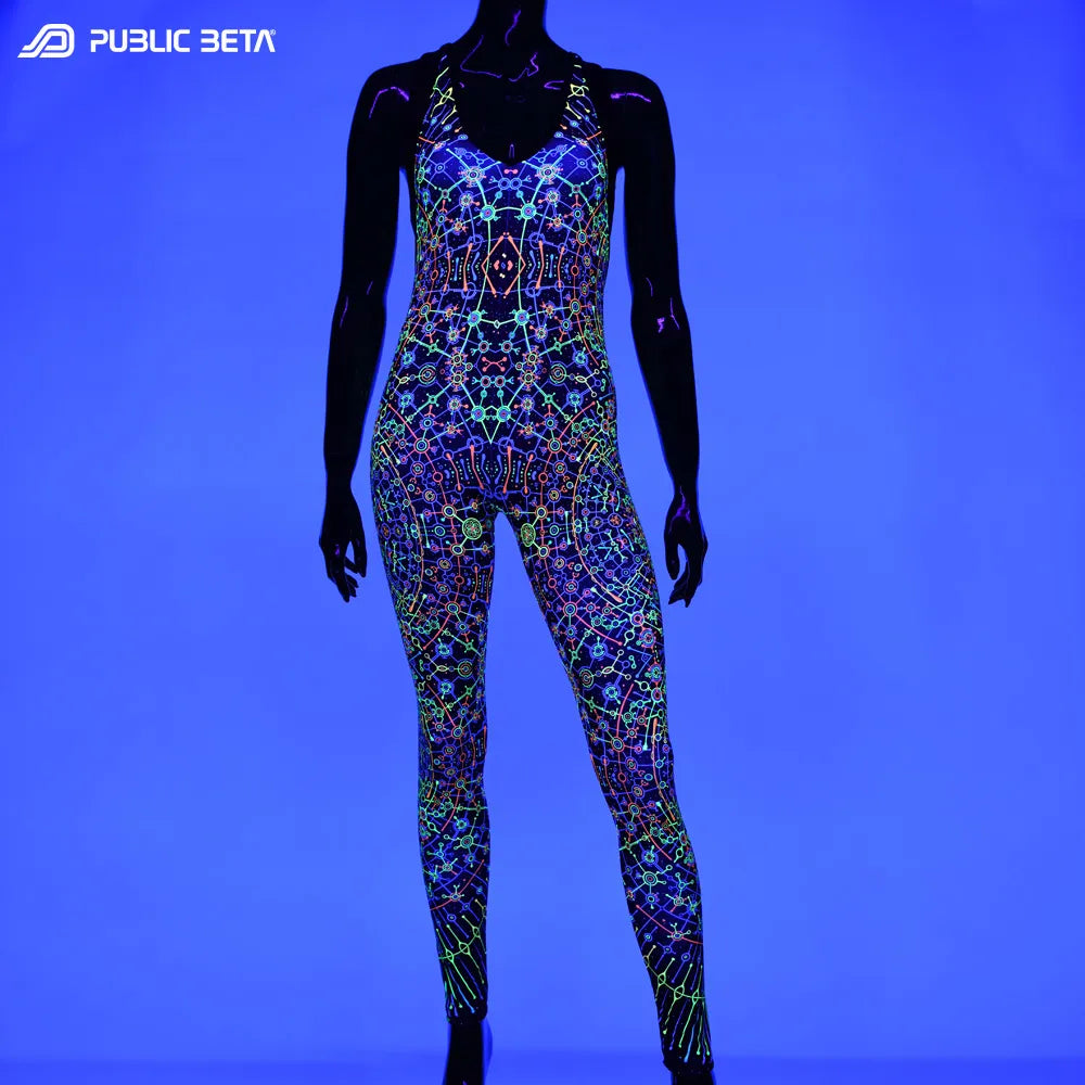 Jumpsuit with UV-reactive graphics glowing under blacklight 