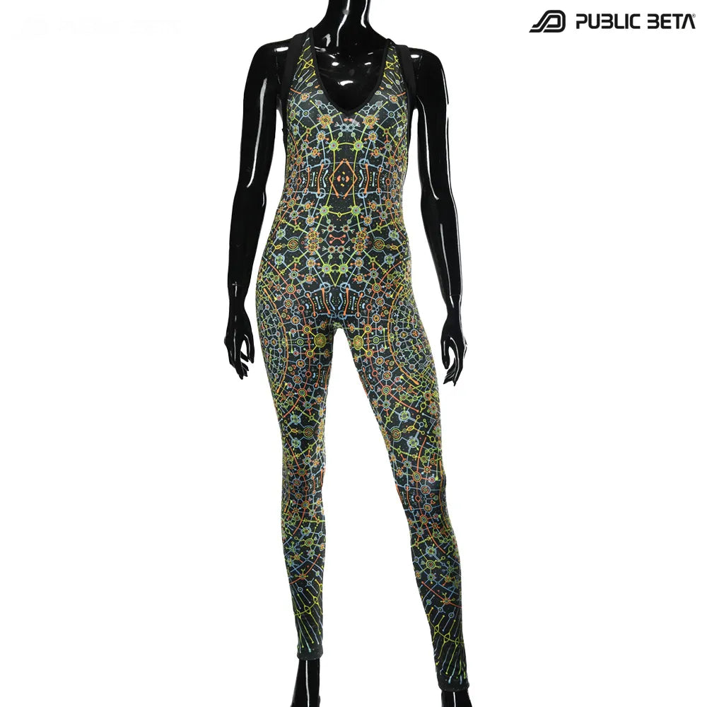 Jumpsuit with UV-reactive printed graphics, photographed in natural light front view