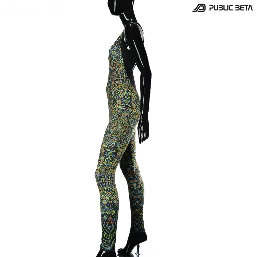 Jumpsuit with UV-reactive printed graphics, photographed in natural light  side view