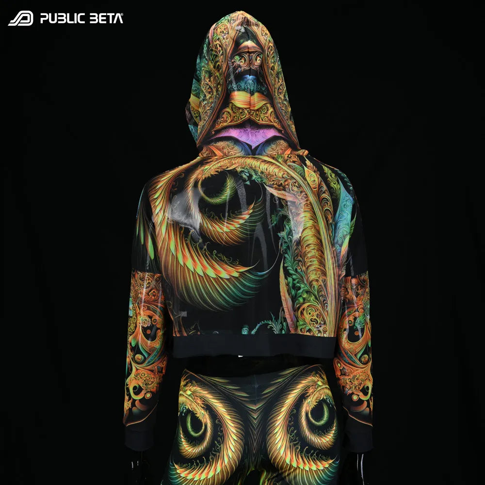 Hooded Top with uv reactive psychedelic art printed graphics