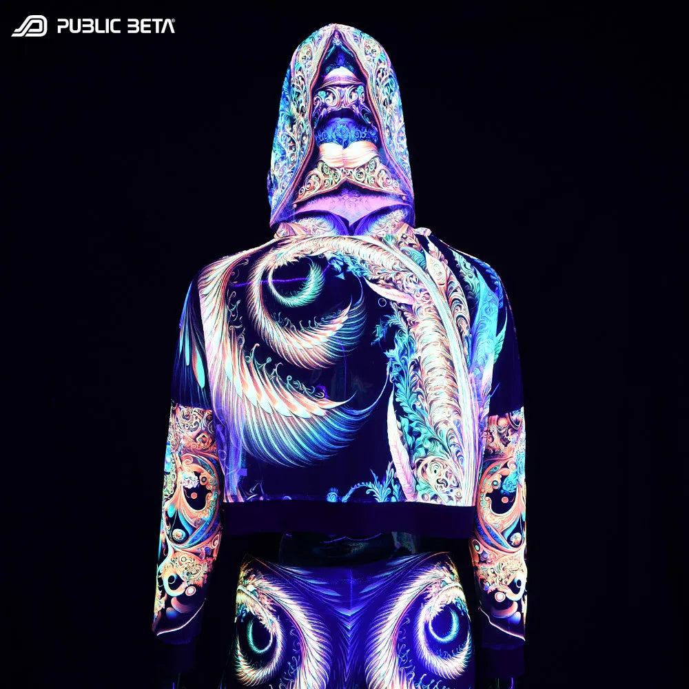 Hooded Top with uv reactive psychedelic art printed graphics glowing under blacklight
