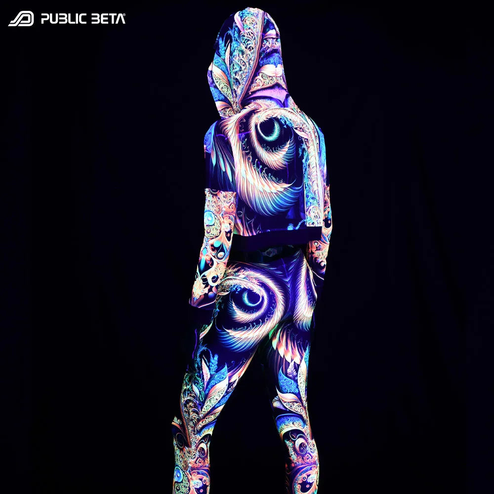 Hooded Top with uv reactive psychedelic art printed graphics glowing under blacklight