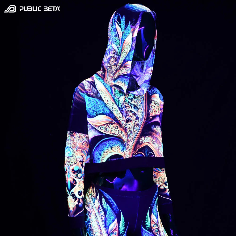 Hooded Top with uv reactive psychedelic art printed graphics glowing under blacklight