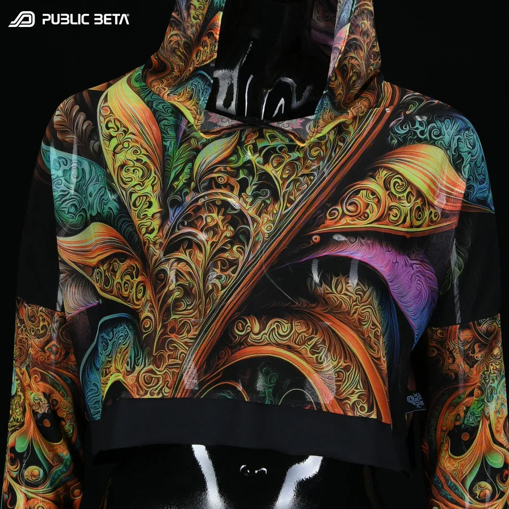 Hooded Top with uv reactive psychedelic art printed graphics 