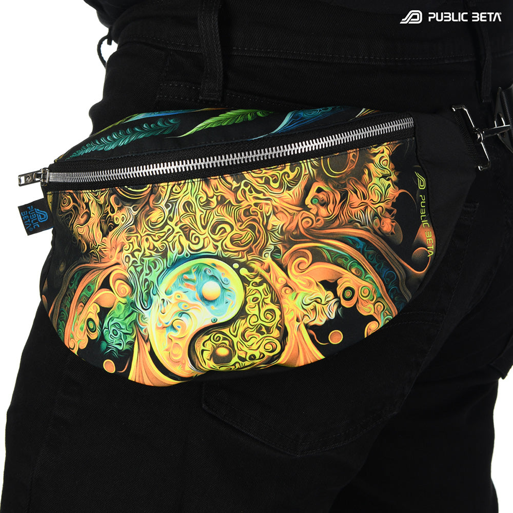 Bum bag with golden swirling fractal print, photographed in natural light