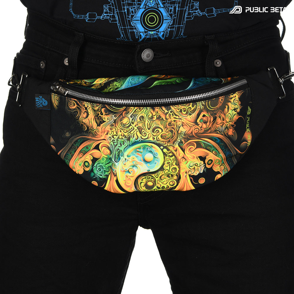 Bum bag with golden swirling fractal print, photographed in natural light