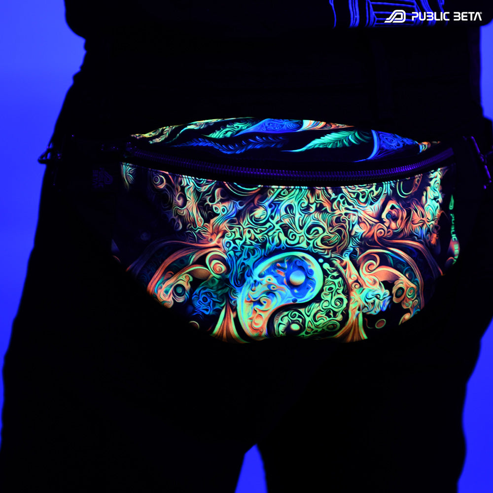 Bum bag with neon swirling fractal print glowing under blacklight