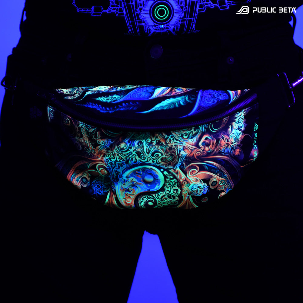Bum bag with neon swirling fractal print glowing under blacklight