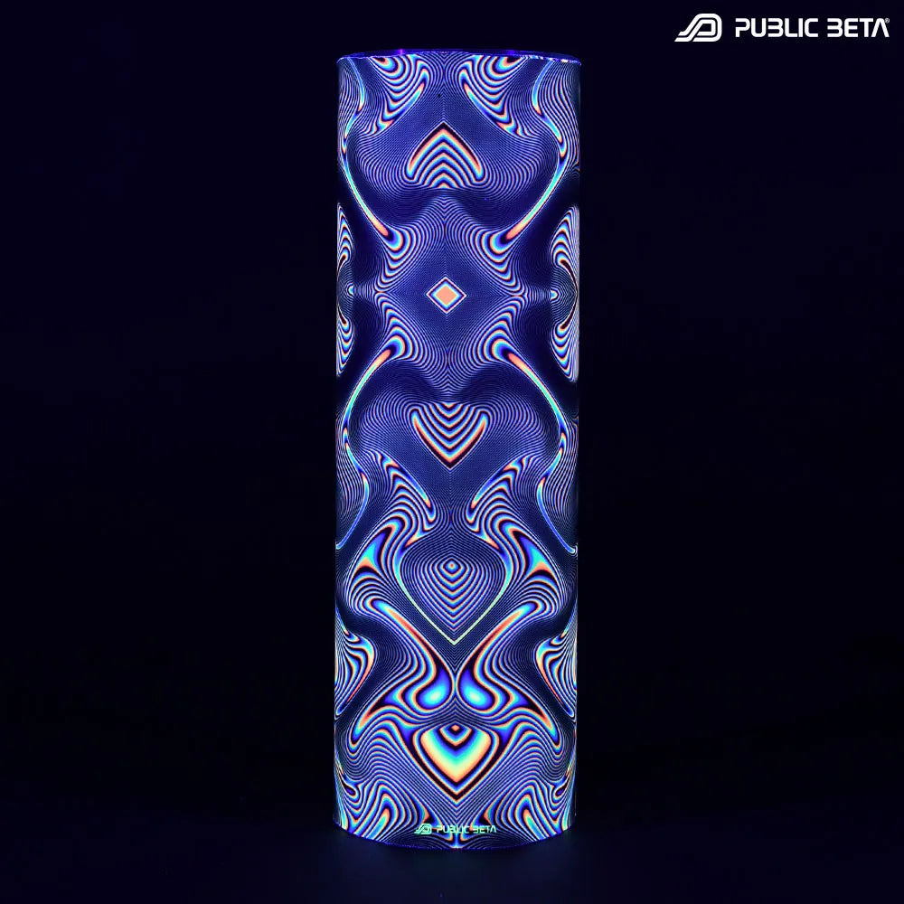 Tube scarf with UV-reactive psychedelic art print glowing under blacklight