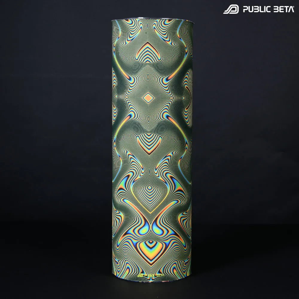 Tube scarf th UV-reactive psychedelic art print, photographed in natural light