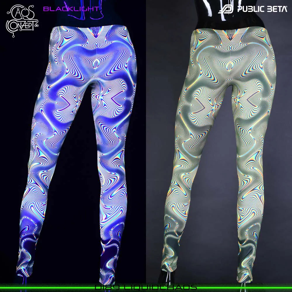Uv reactive psychedelic art printed leggings shown in natural light and glowing under blacklight split image view