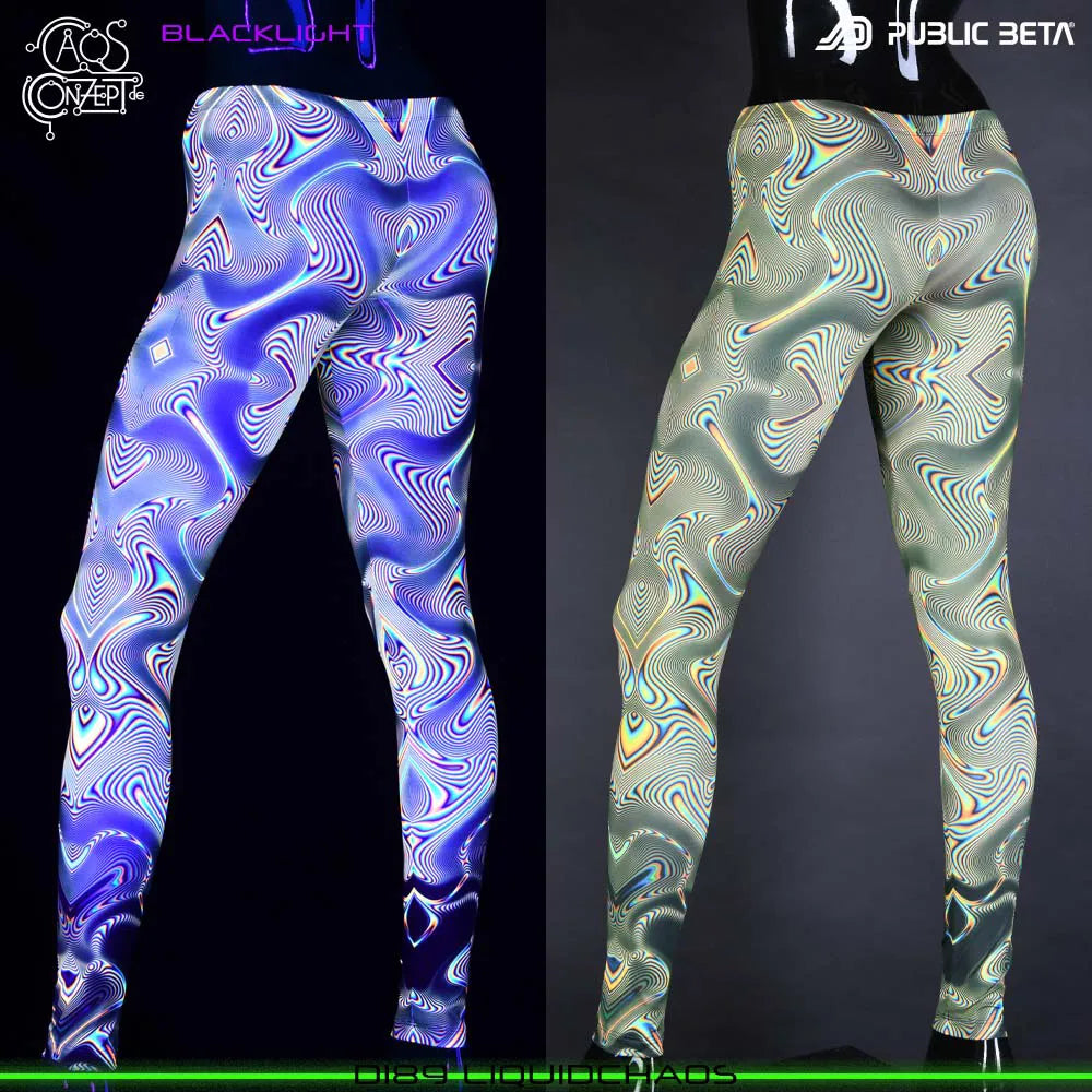 Uv reactive psychedelic art printed leggings shown in natural light and glowing under blacklight split image view