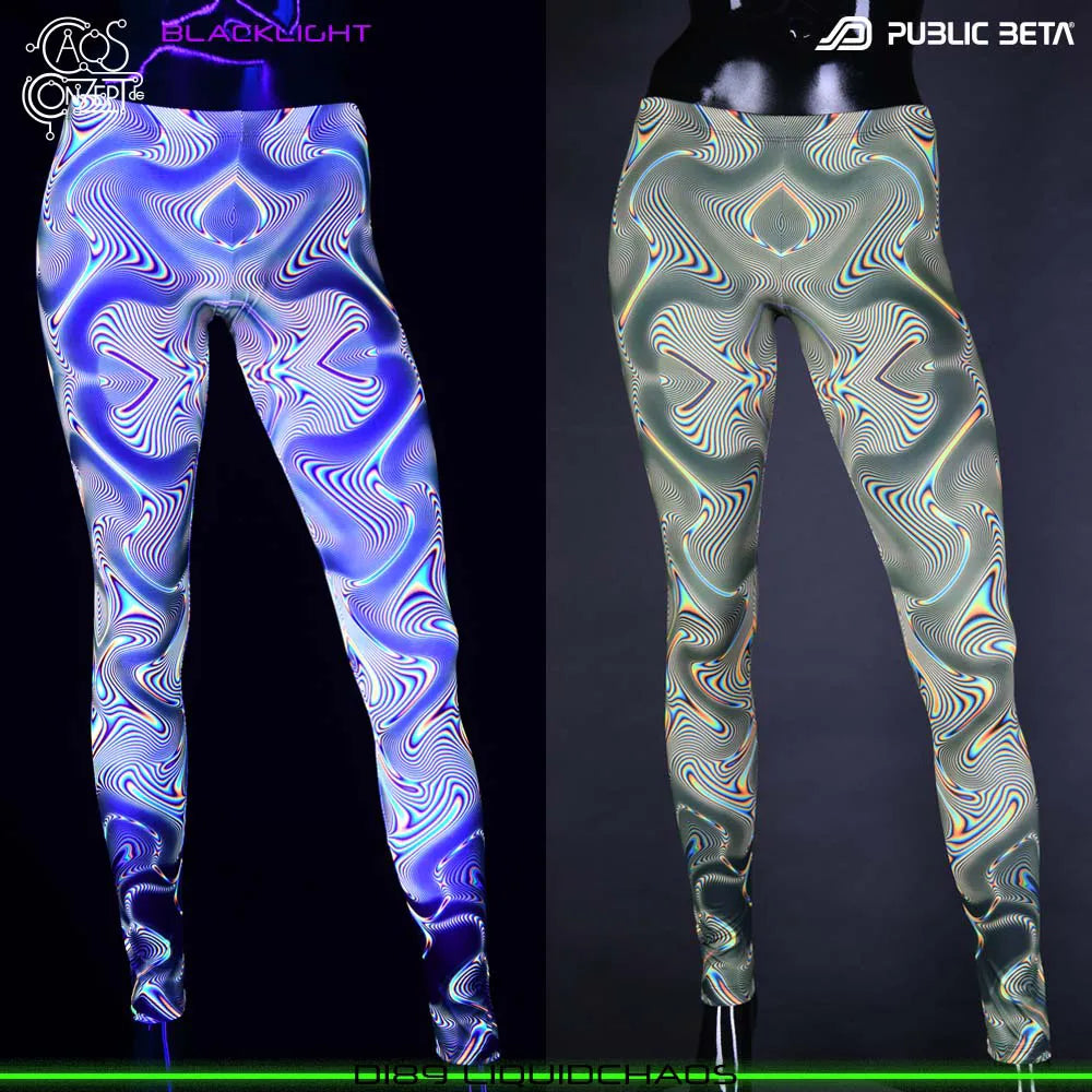 Uv reactive psychedelic art printed leggings shown in natural light and glowing under blacklight split image view