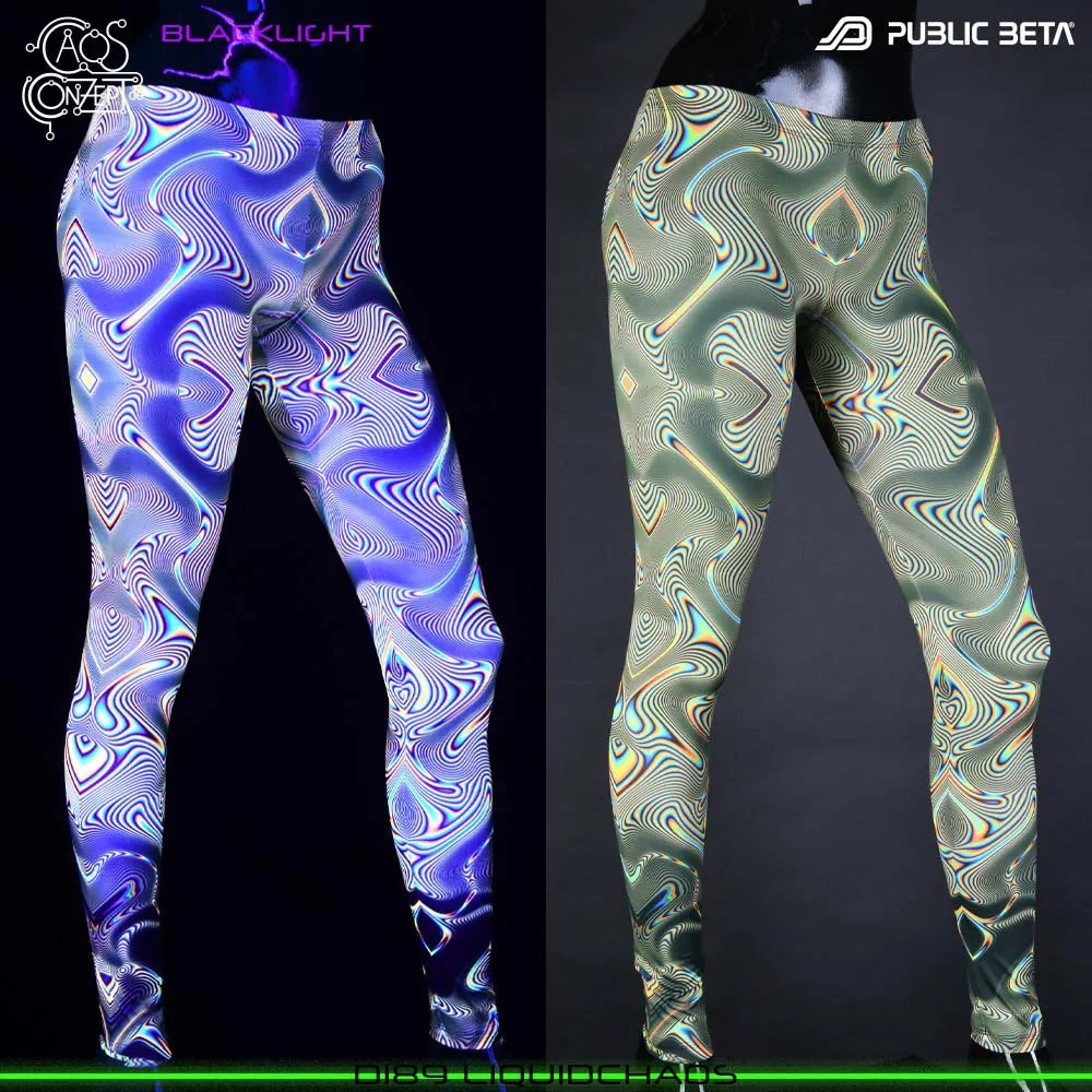 Uv reactive psychedelic art printed leggings shown in natural light and glowing under blacklight split image view