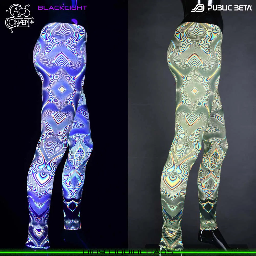 Uv reactive psychedelic art printed leggings shown in natural light and glowing under blacklight split image view