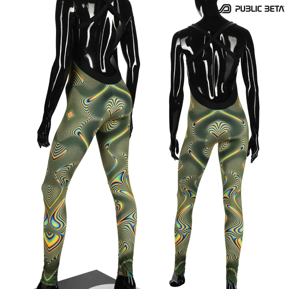 Jumpsuit with UV-reactive printed graphics, photographed in natural light back