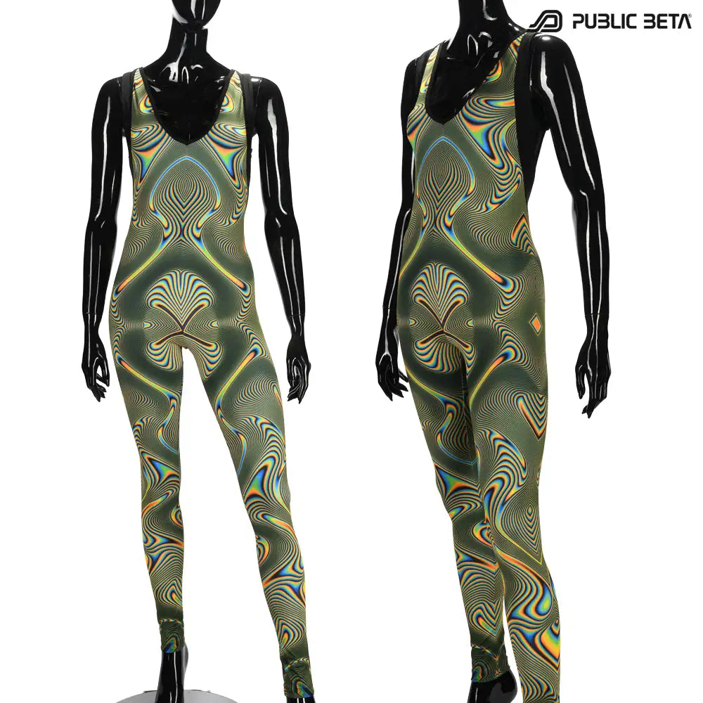 Jumpsuit with UV-reactive printed graphics, photographed in natural light front