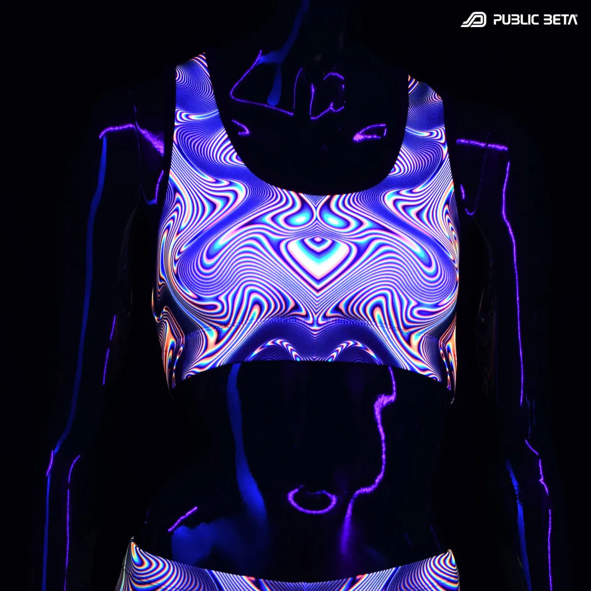 Active top with UV reactive art print glowing under blacklight