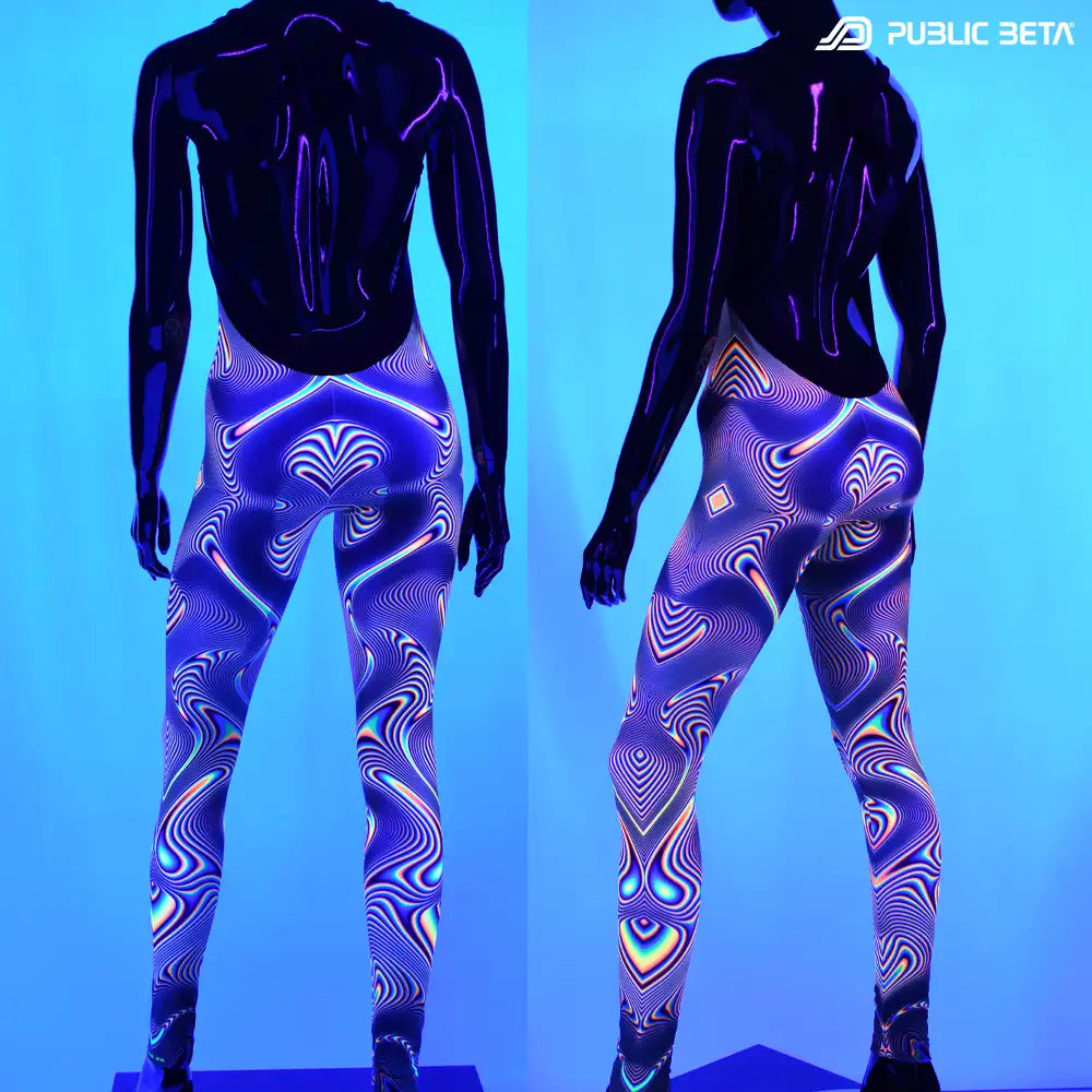 Jumpsuit with UV-reactive graphics glowing under blacklight back