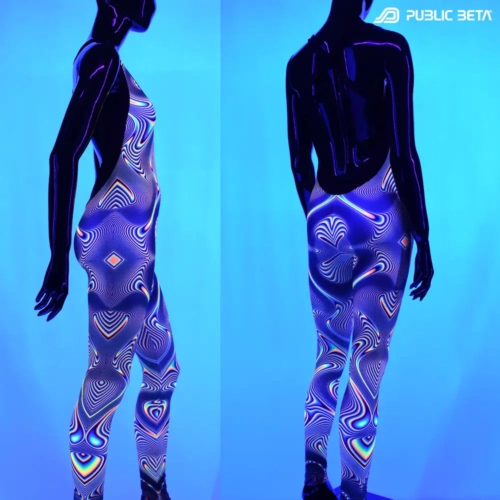 Jumpsuit with UV-reactive graphics glowing under blacklight side