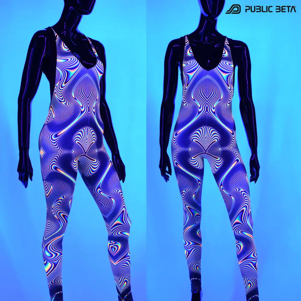 Jumpsuit with UV-reactive graphics glowing under blacklight front
