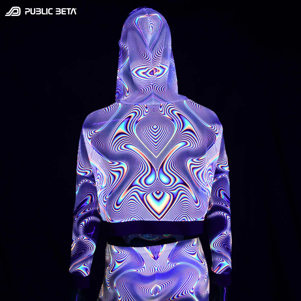 Hooded Top with uv reactive psychedelic art printed graphics glowing under blacklight