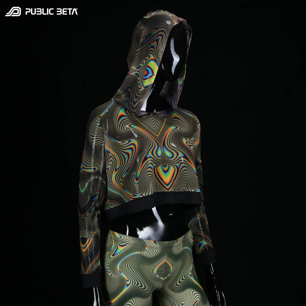 Hooded Top with uv reactive psychedelic art printed graphics 