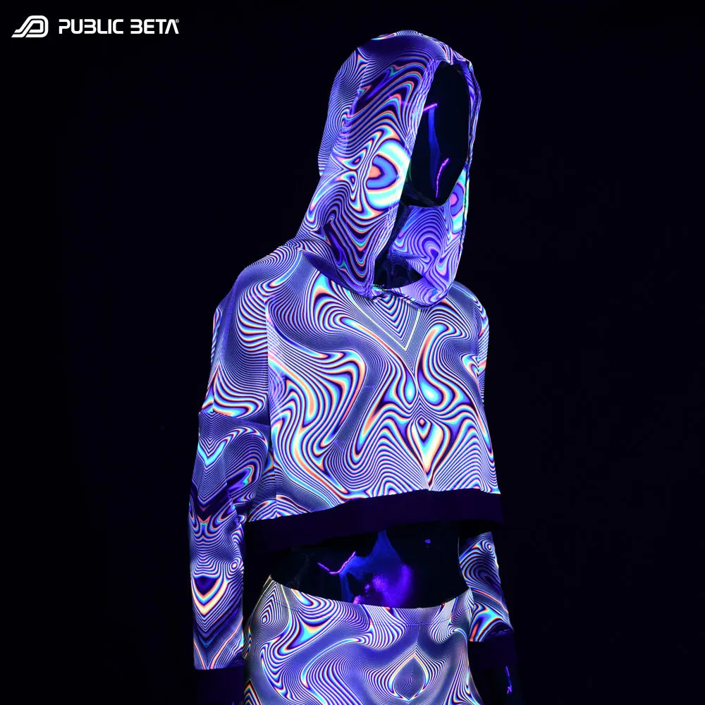 Hooded Top with uv reactive psychedelic art printed graphics glowing under blacklight