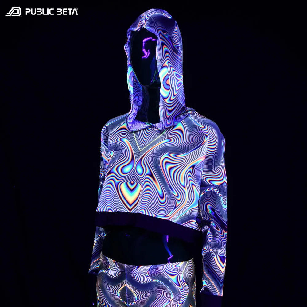 Hooded Top with uv reactive psychedelic art printed graphics glowing under blacklight
