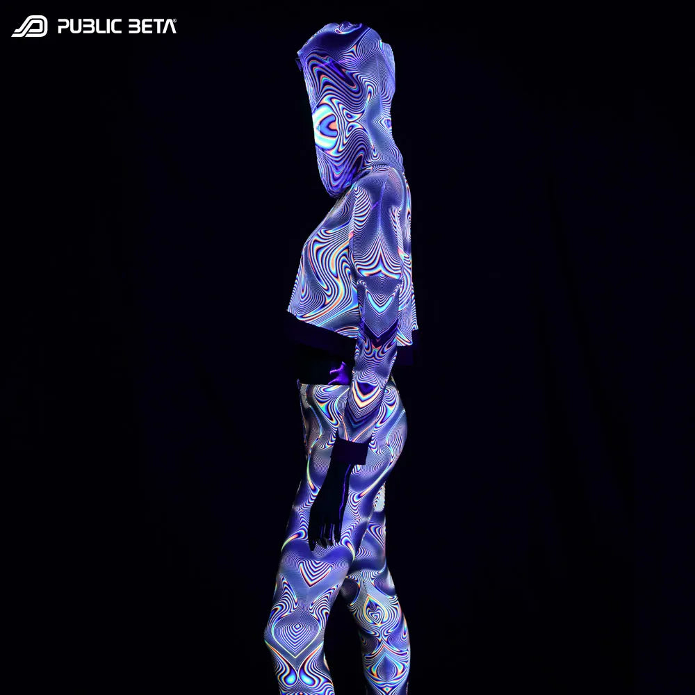 Hooded Top with uv reactive psychedelic art printed graphics glowing under blacklight