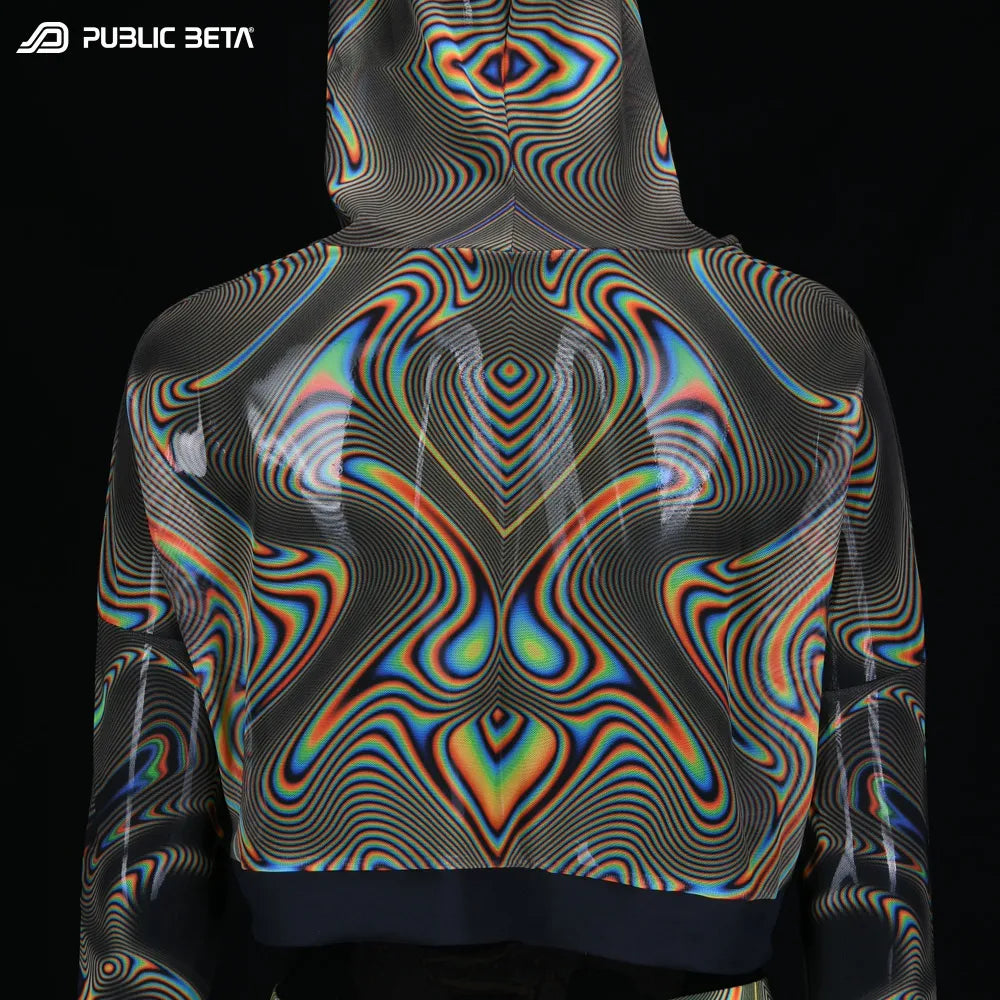 Hooded Top with uv reactive psychedelic art printed graphics
