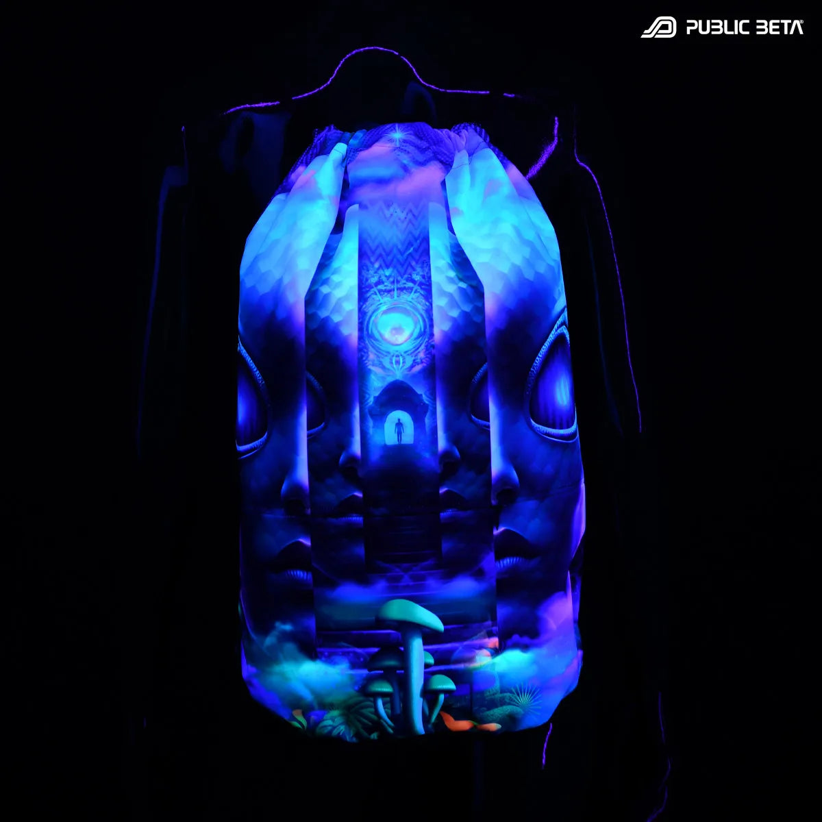 D191 Magic Portal Drawstring bag with UV-reactive psychedelic art graphics glowing under blacklight