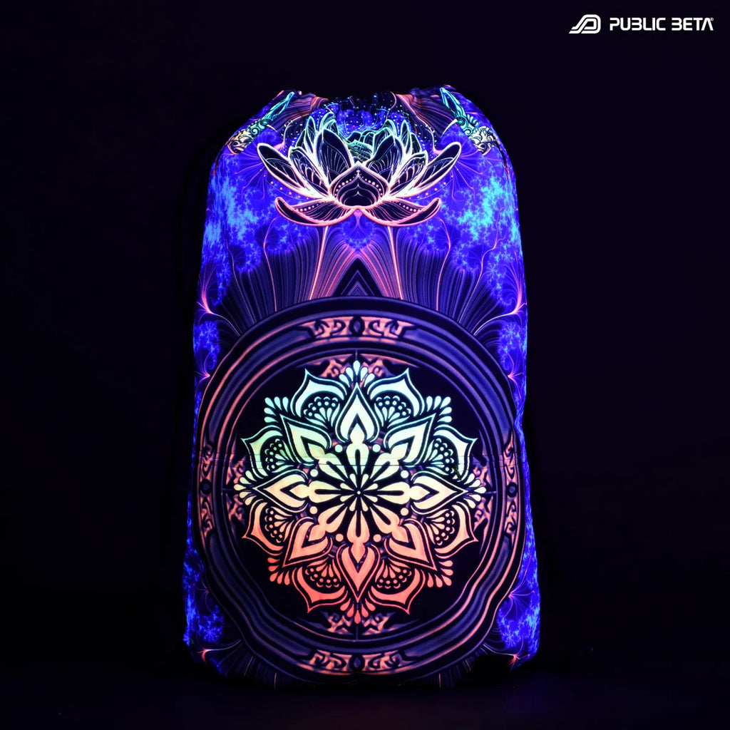 Drawstring bag with uv reactive psychedelic art print glowing under blacklight