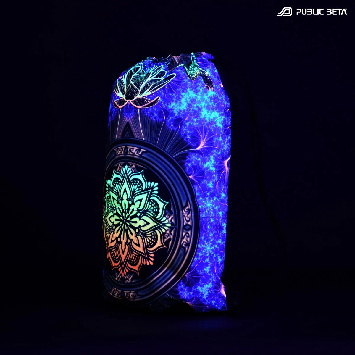 Drawstring bag with uv reactive psychedelic art print glowing under blacklight