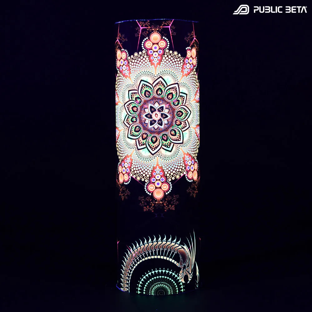 Tube scarf  with UV-reactive psychedelic art print glowing under blacklight