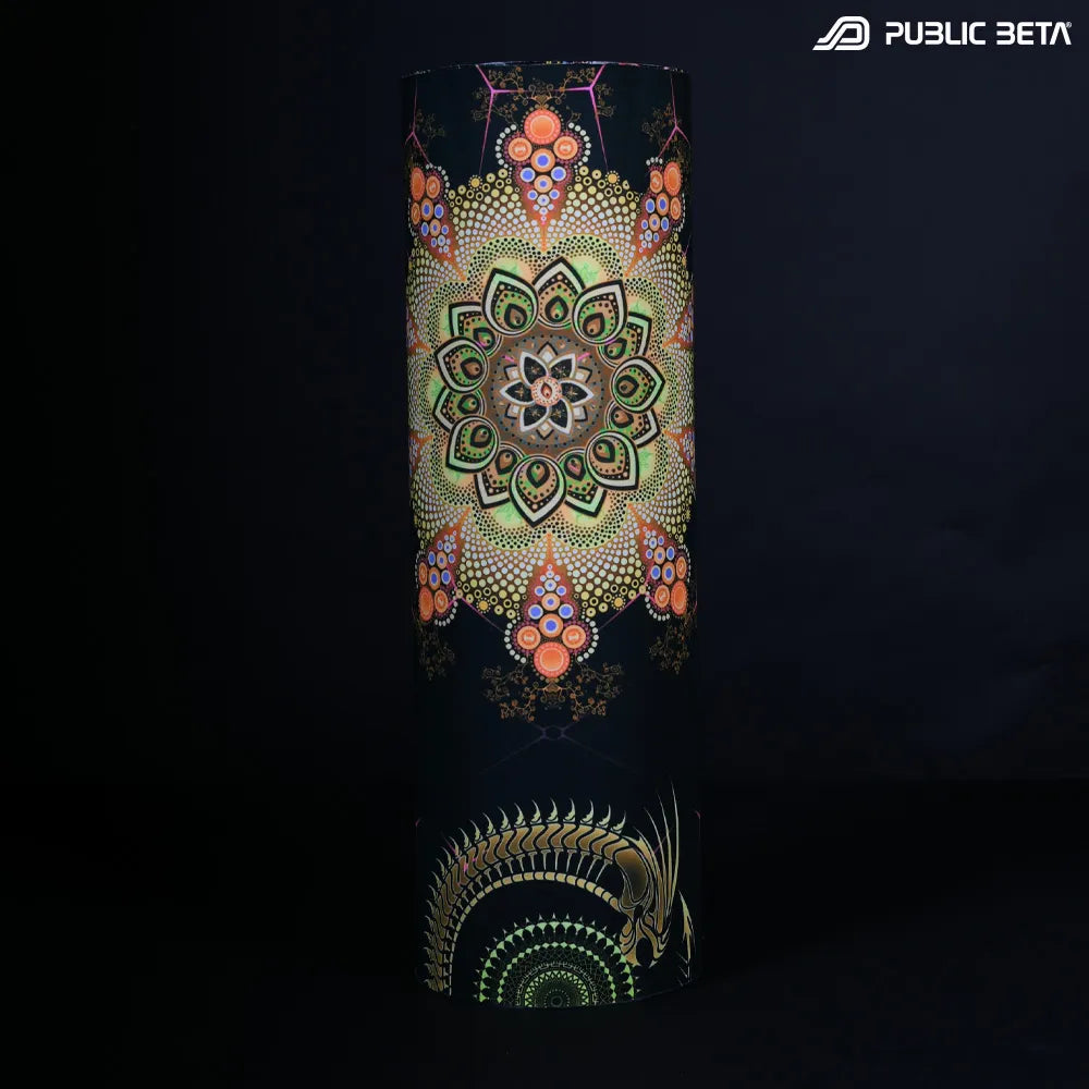 Tube scarf with UV-reactive psychedelic art print, photographed in natural light