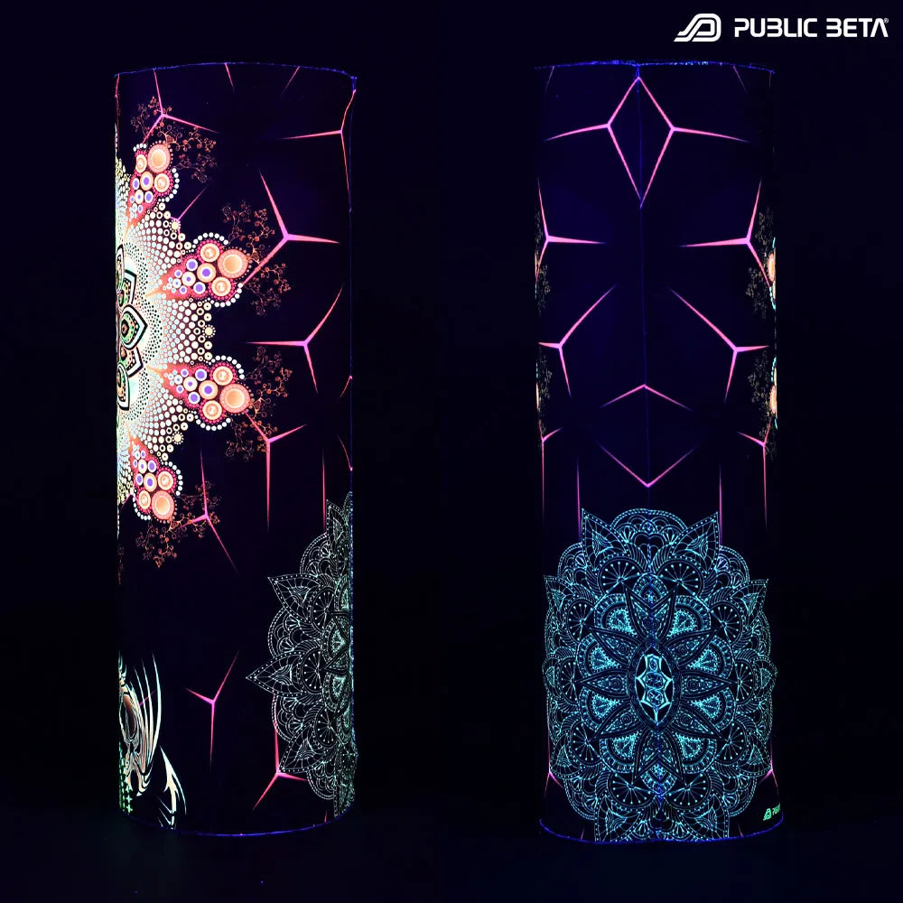 Tube scarf  with UV-reactive psychedelic art print glowing under blacklight