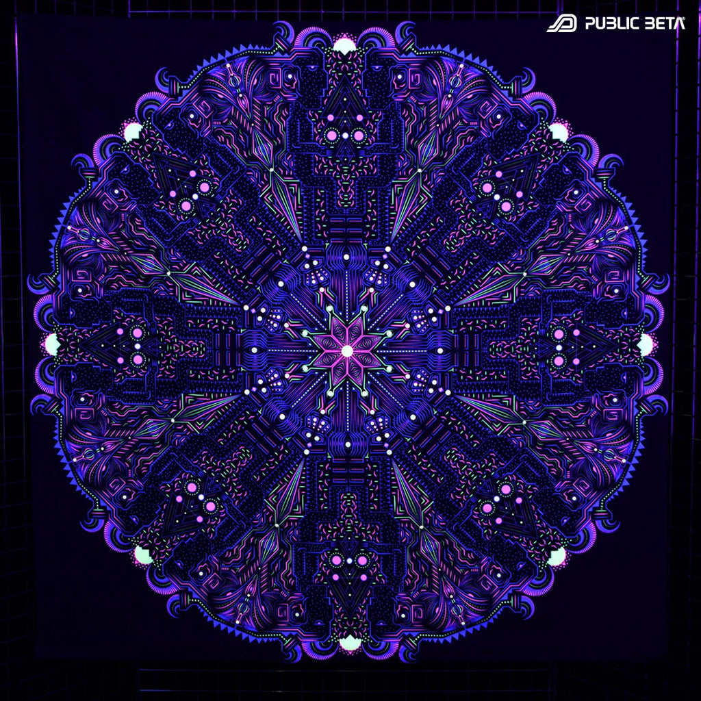 Wallhanging with UV reactive psychedelic art print glowing under blacklight