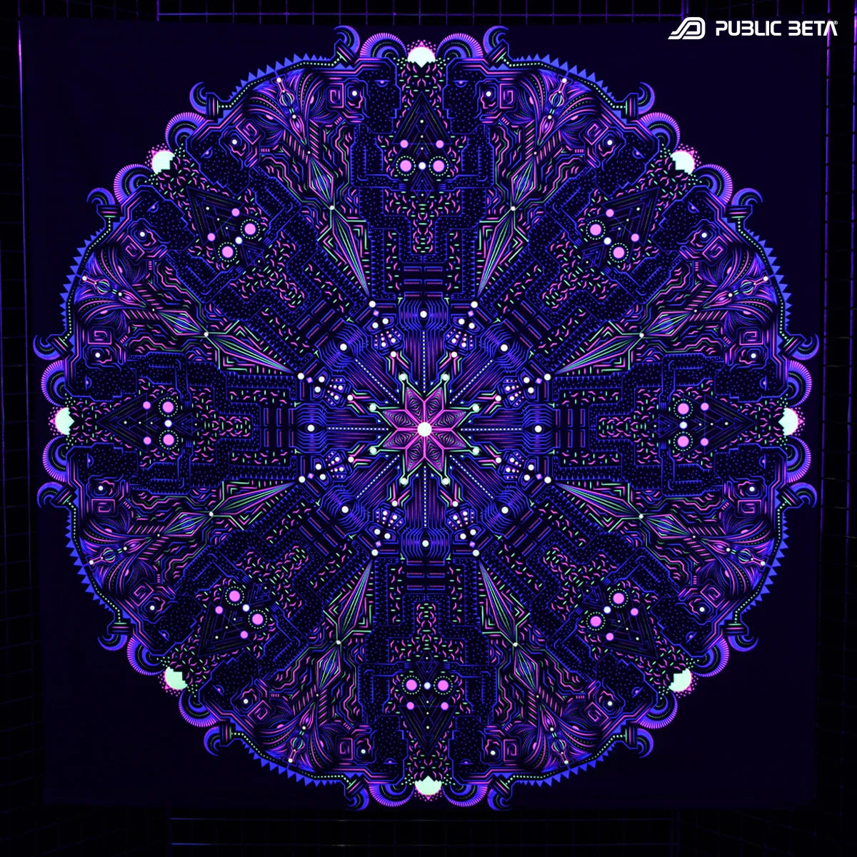 Wallhanging with UV reactive psychedelic art print glowing under blacklight