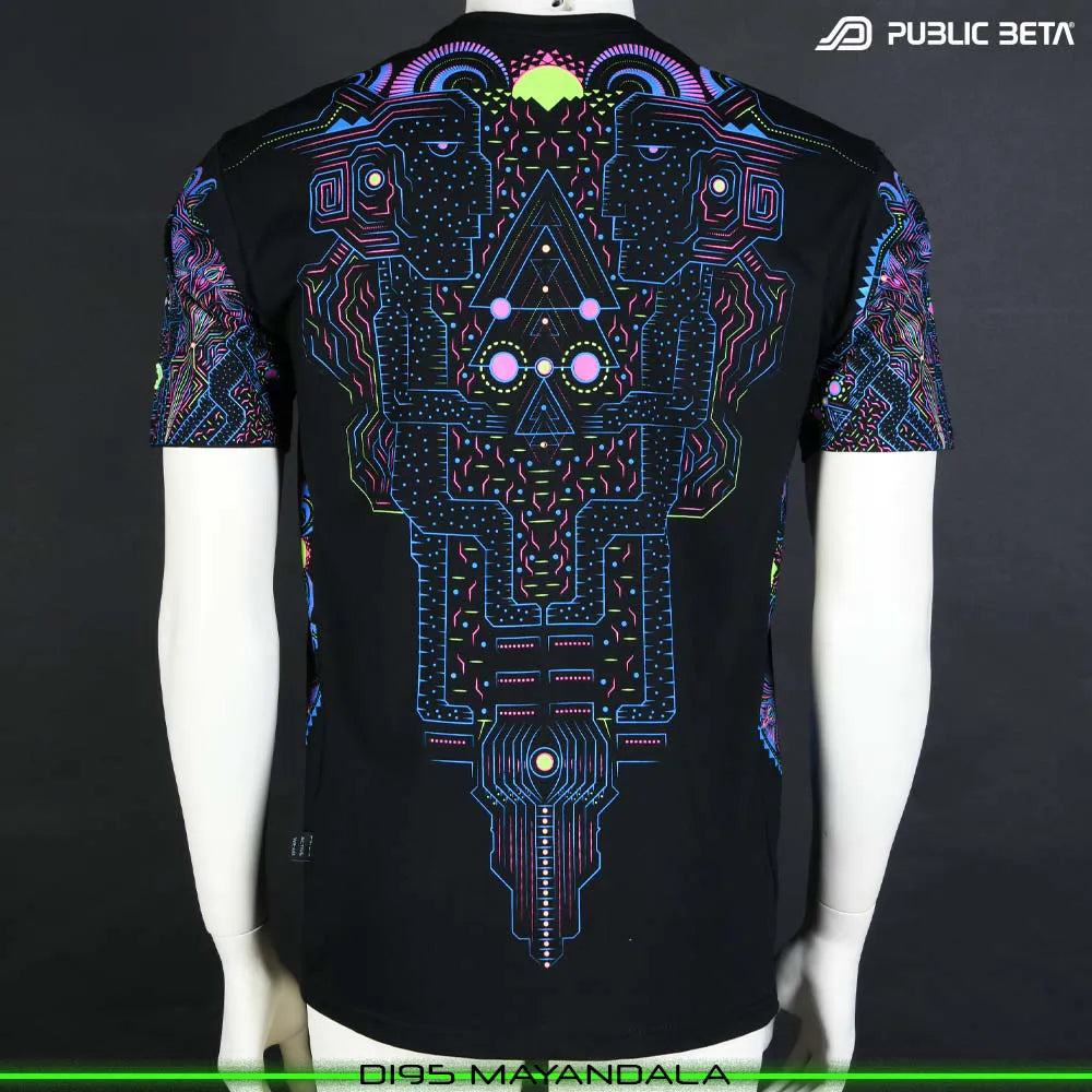 Back of a T-shirt with geometric UV-reactive graphics, photographed in natural light