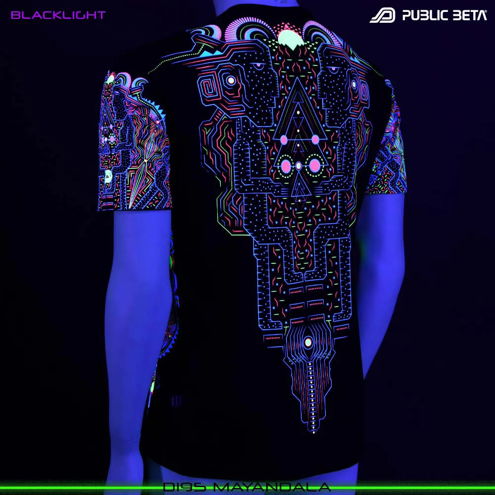 T-shirt with UV-reactive psychedelic art print glowing under blacklight
