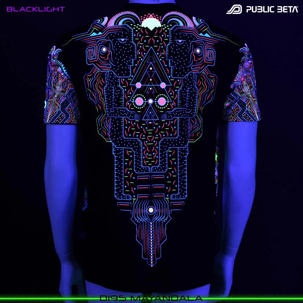 Back of a T-shirt with UV-reactive psychedelic art print glowing under blacklight