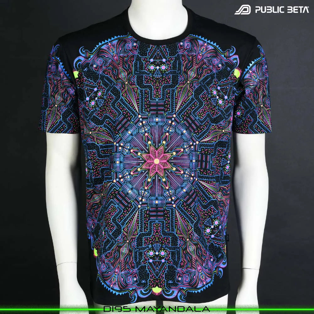 T-shirt with geometric UV-reactive graphics, photographed in natural light front view