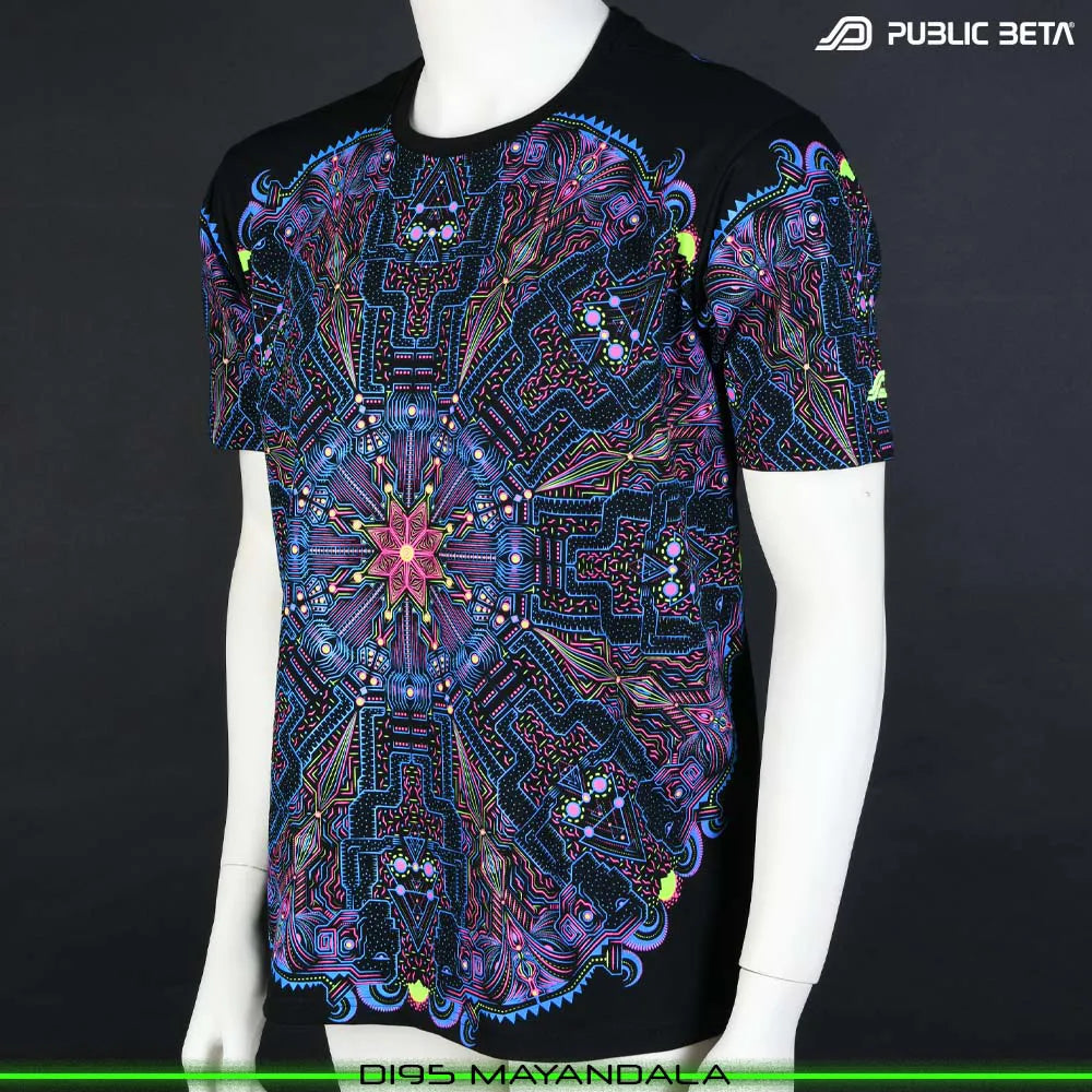 T-shirt with geometric UV-reactive graphics, photographed in natural light