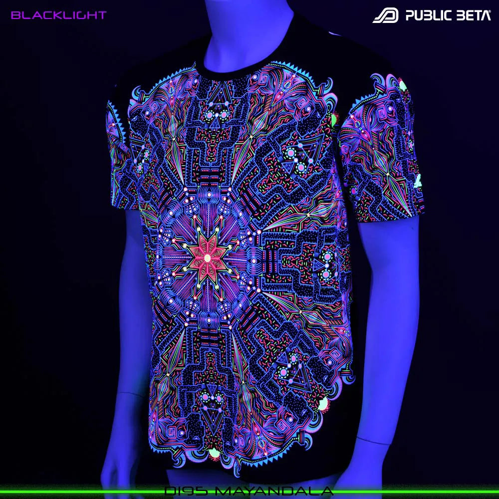 T-shirt with UV-reactive psychedelic art print glowing under blacklight