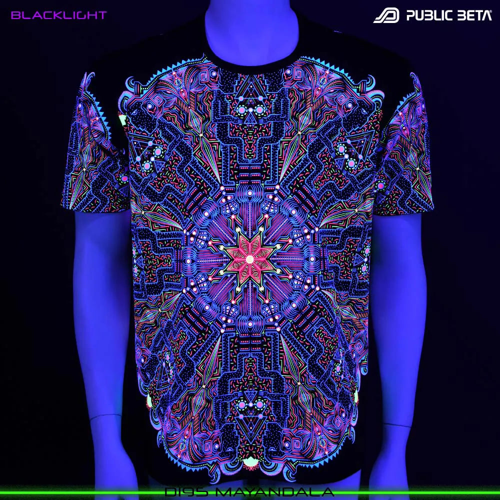T-shirt with UV-reactive psychedelic art print glowing under blacklight front view